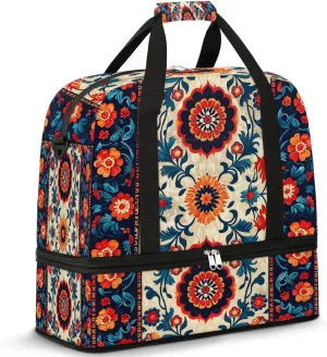 Boho Retro Colorful Travel Duffle Bag, Collapsible Travel Bag Sports Gym Bag With Shoes Compartment Weekender Bag Overnight Bag For Women Men