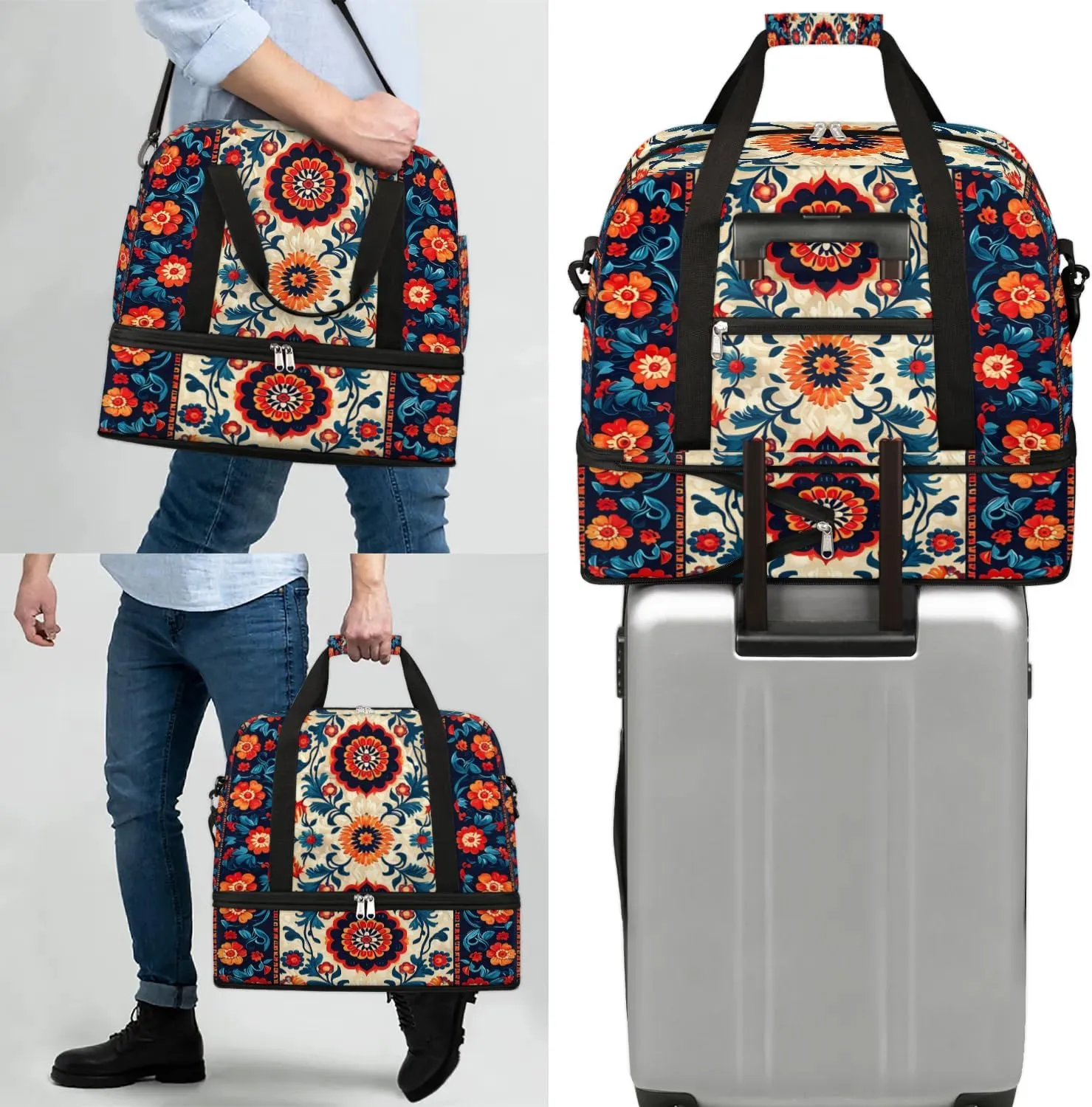 Boho Retro Colorful Travel Duffle Bag, Collapsible Travel Bag Sports Gym Bag With Shoes Compartment Weekender Bag Overnight Bag For Women Men