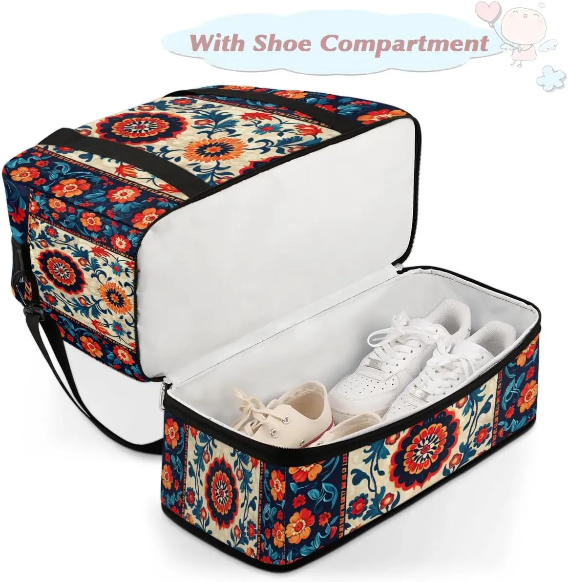 Boho Retro Colorful Travel Duffle Bag, Collapsible Travel Bag Sports Gym Bag With Shoes Compartment Weekender Bag Overnight Bag For Women Men