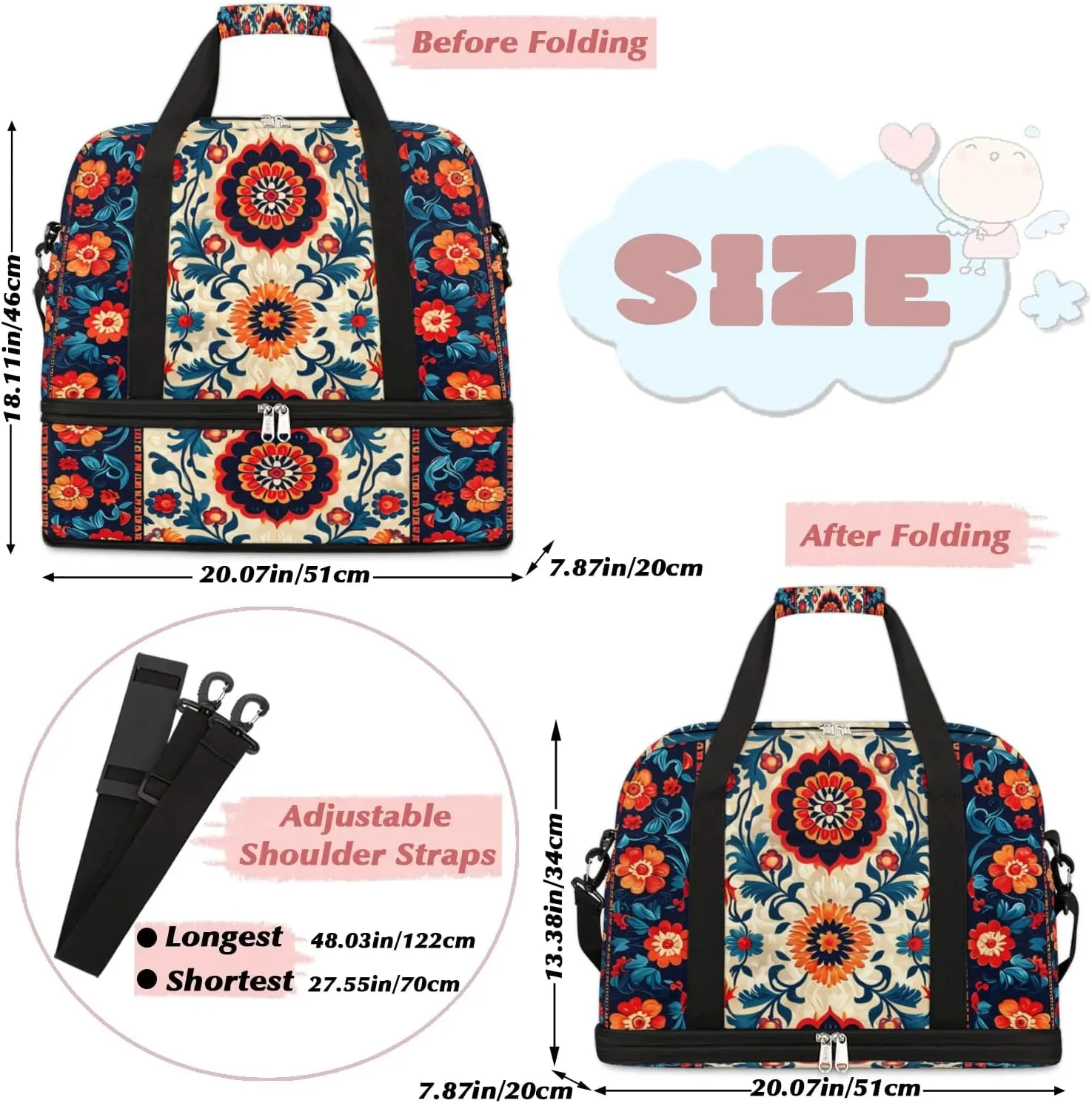 Boho Retro Colorful Travel Duffle Bag, Collapsible Travel Bag Sports Gym Bag With Shoes Compartment Weekender Bag Overnight Bag For Women Men