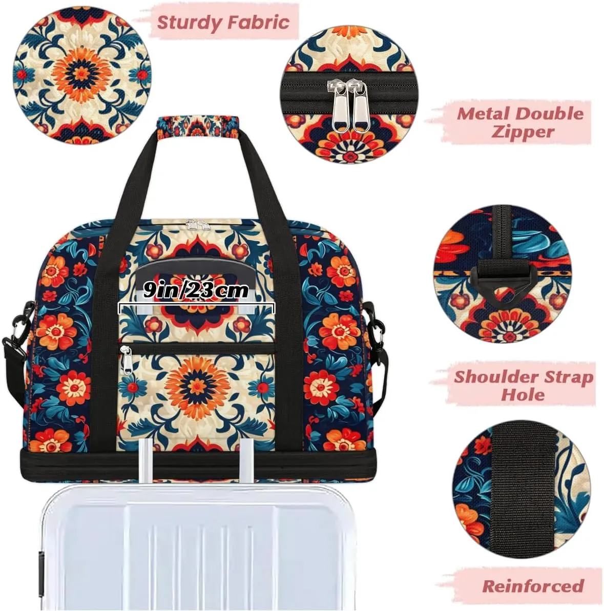 Boho Retro Colorful Travel Duffle Bag, Collapsible Travel Bag Sports Gym Bag With Shoes Compartment Weekender Bag Overnight Bag For Women Men