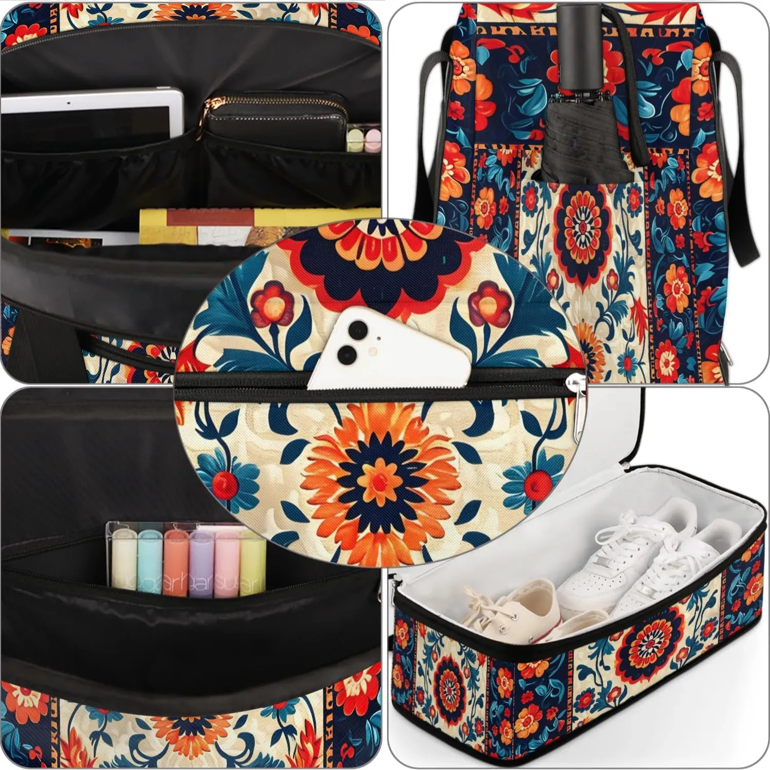 Boho Retro Colorful Travel Duffle Bag, Collapsible Travel Bag Sports Gym Bag With Shoes Compartment Weekender Bag Overnight Bag For Women Men