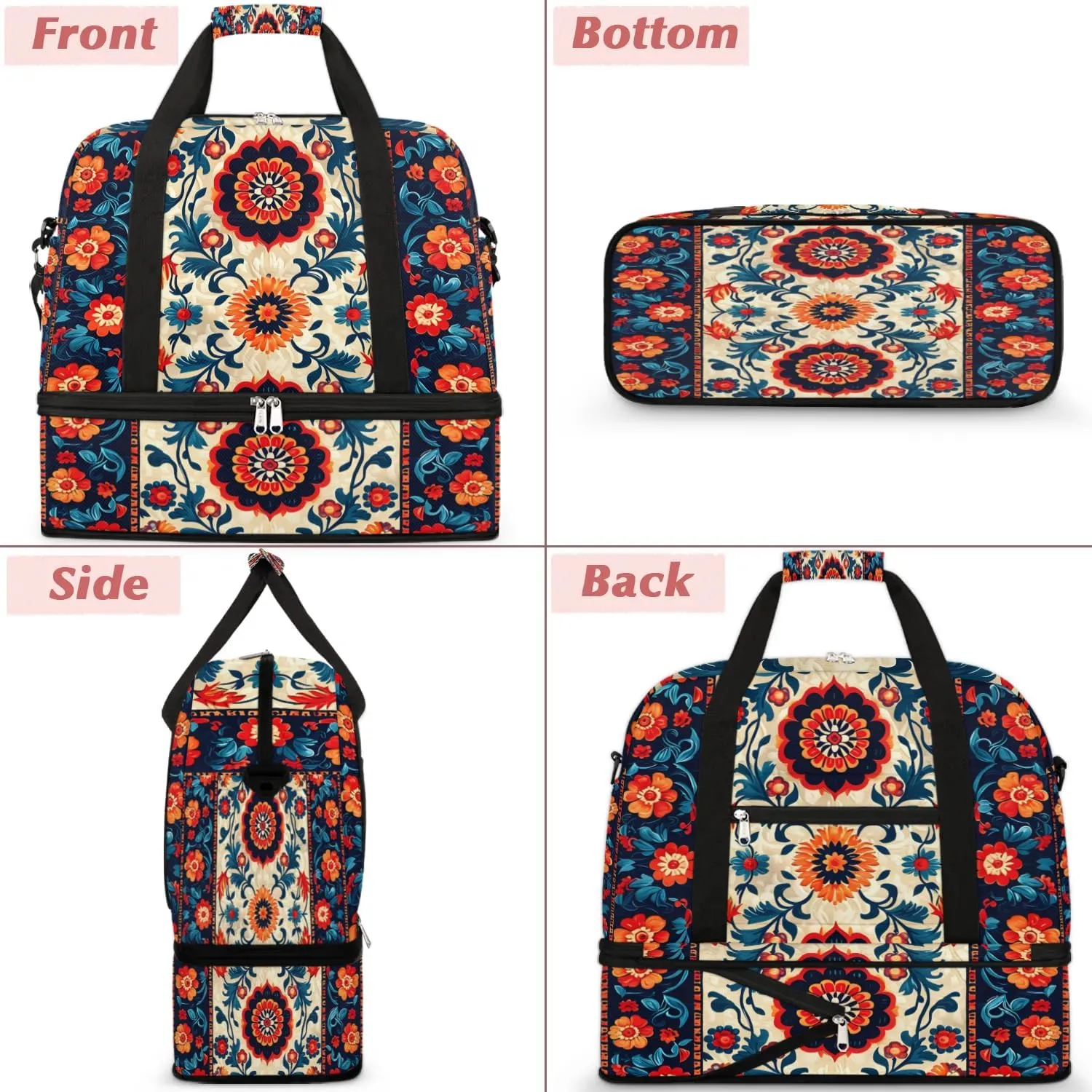 Boho Retro Colorful Travel Duffle Bag, Collapsible Travel Bag Sports Gym Bag With Shoes Compartment Weekender Bag Overnight Bag For Women Men