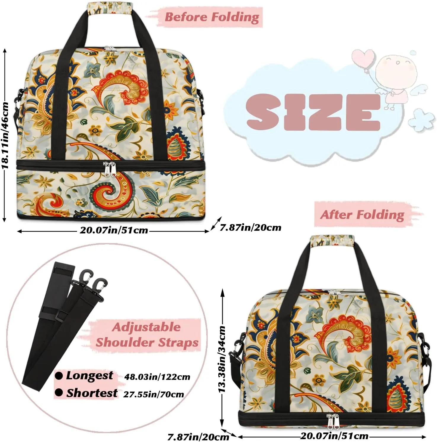 Boho Retro Floral Patterns Travel Duffle Bag, Collapsible Travel Bag Sports Gym Bag With Shoes Compartment Weekender Bag Overnight Bag For Women Men