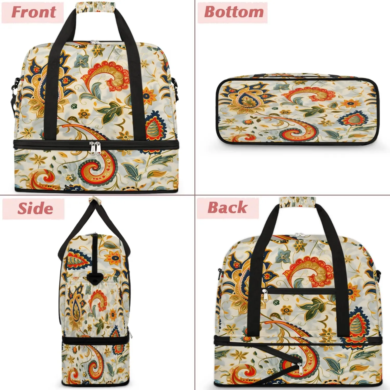 Boho Retro Floral Patterns Travel Duffle Bag, Collapsible Travel Bag Sports Gym Bag With Shoes Compartment Weekender Bag Overnight Bag For Women Men