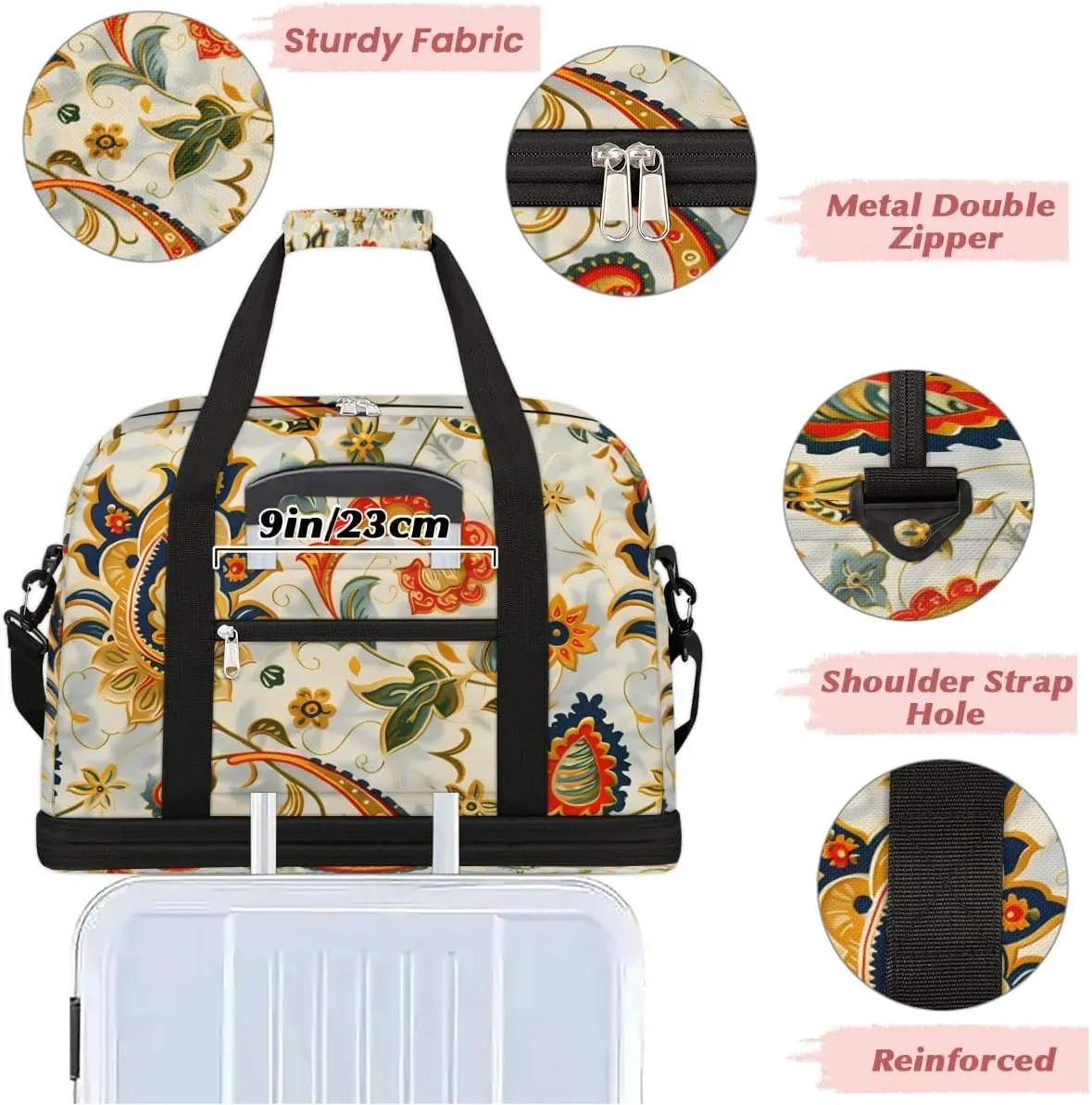 Boho Retro Floral Patterns Travel Duffle Bag, Collapsible Travel Bag Sports Gym Bag With Shoes Compartment Weekender Bag Overnight Bag For Women Men