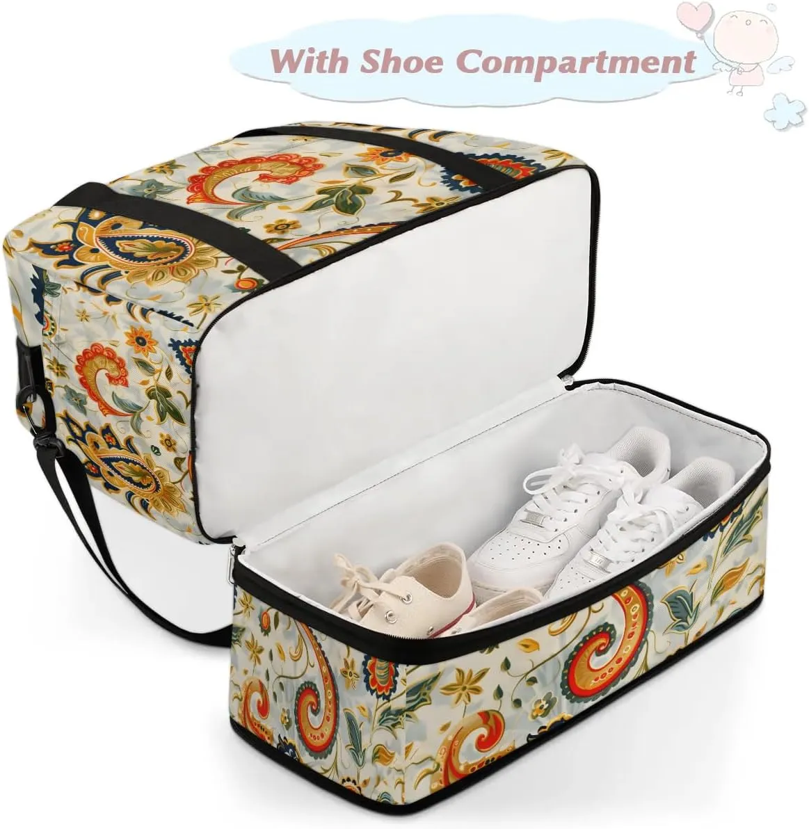 Boho Retro Floral Patterns Travel Duffle Bag, Collapsible Travel Bag Sports Gym Bag With Shoes Compartment Weekender Bag Overnight Bag For Women Men