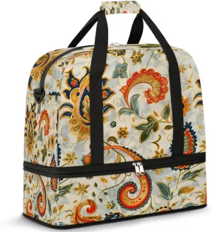 Boho Retro Floral Patterns Travel Duffle Bag, Collapsible Travel Bag Sports Gym Bag With Shoes Compartment Weekender Bag Overnight Bag For Women Men