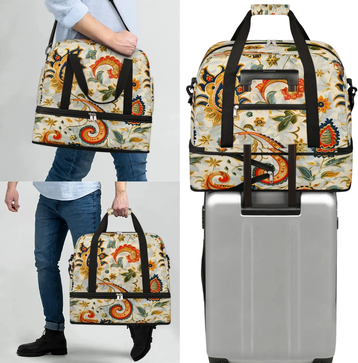 Boho Retro Floral Patterns Travel Duffle Bag, Collapsible Travel Bag Sports Gym Bag With Shoes Compartment Weekender Bag Overnight Bag For Women Men