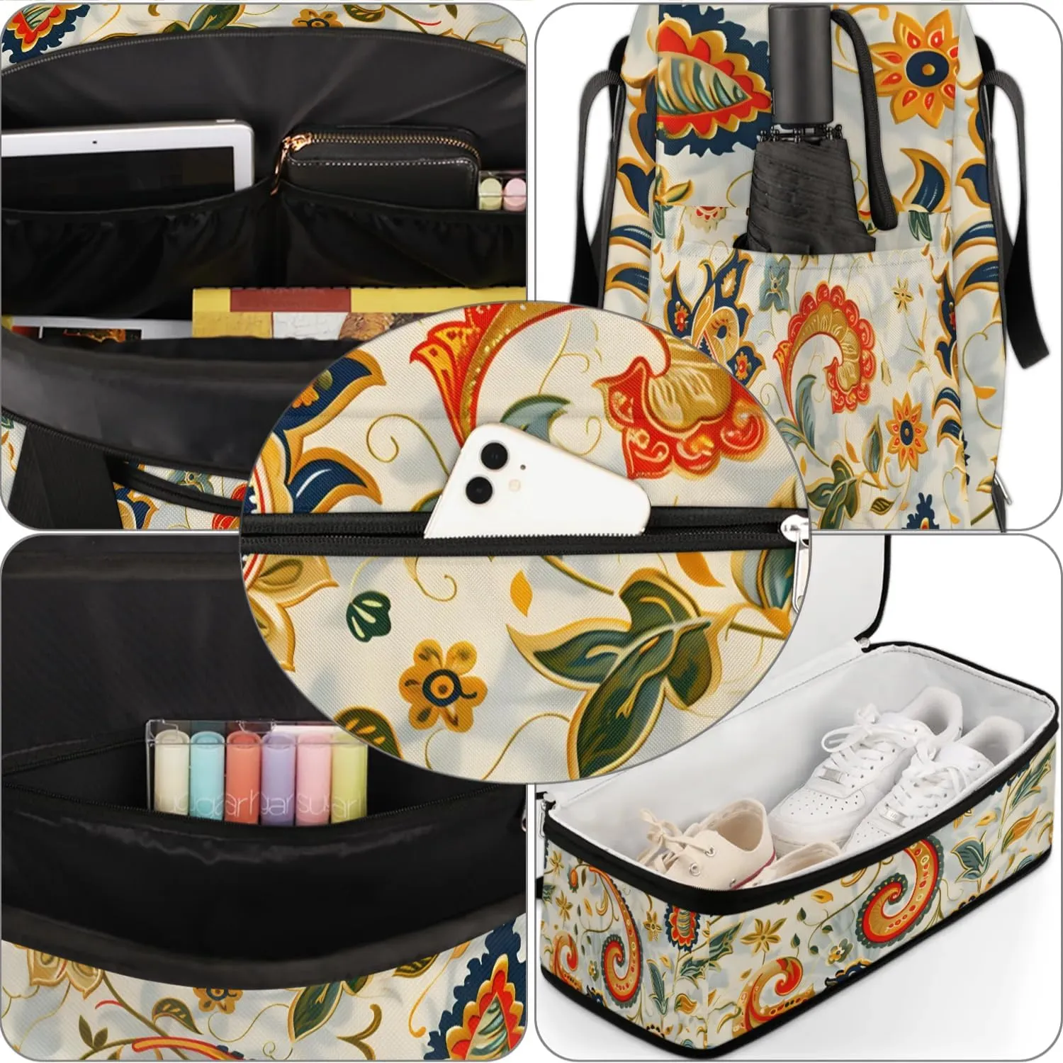 Boho Retro Floral Patterns Travel Duffle Bag, Collapsible Travel Bag Sports Gym Bag With Shoes Compartment Weekender Bag Overnight Bag For Women Men