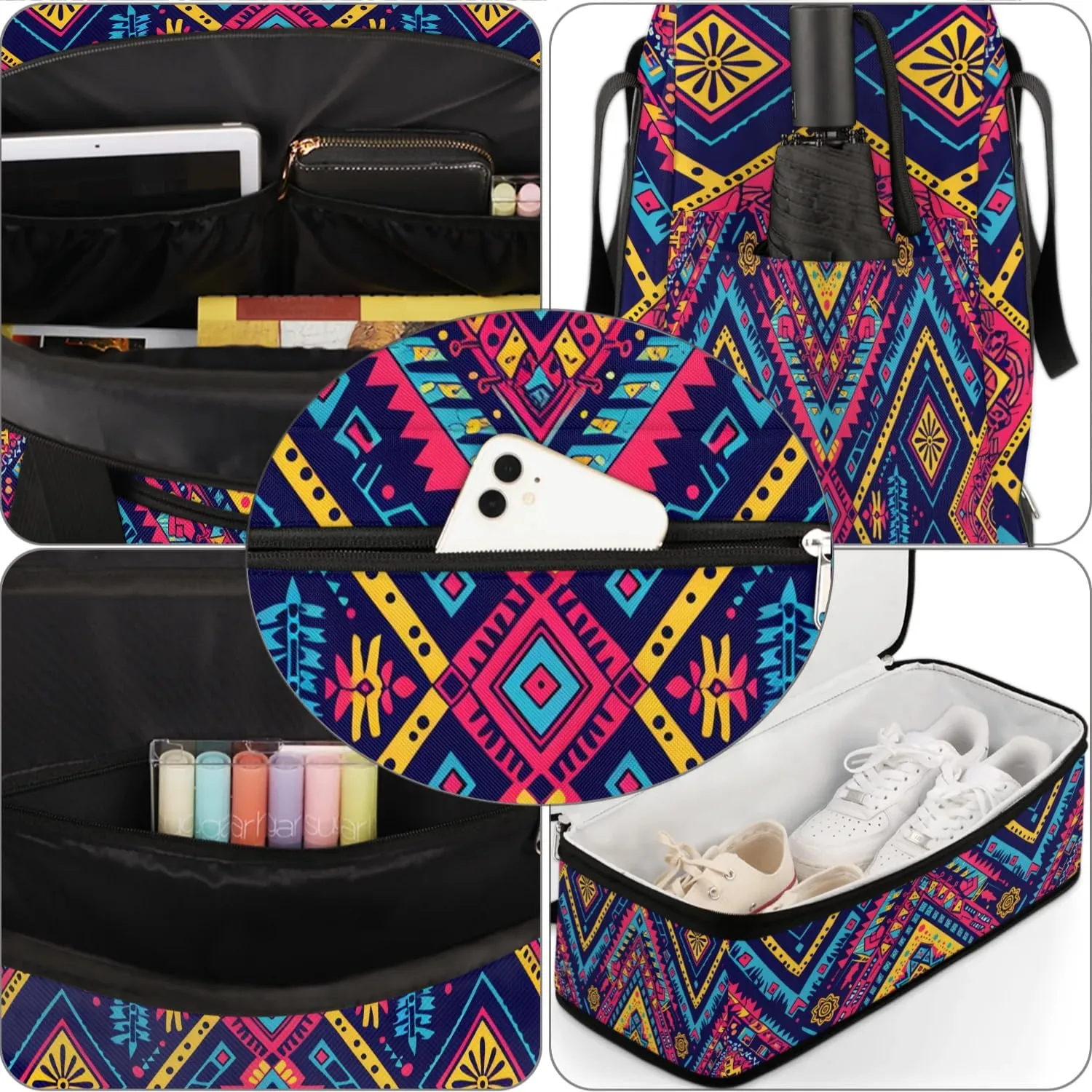 Boho Retro Floral Print Travel Duffle Bag, Collapsible Travel Bag Sports Gym Bag With Shoes Compartment Weekender Bag Overnight Bag For Women Men