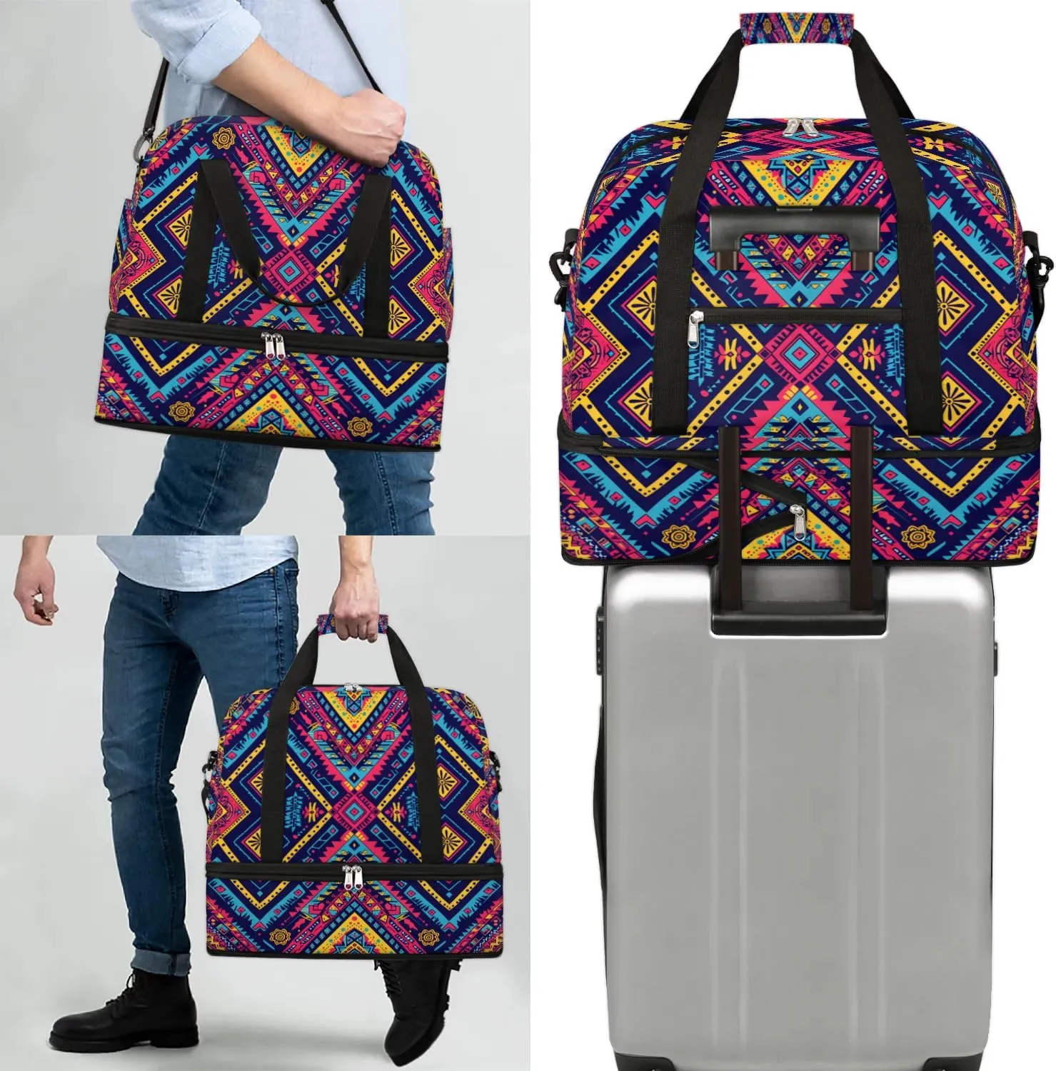Boho Retro Floral Print Travel Duffle Bag, Collapsible Travel Bag Sports Gym Bag With Shoes Compartment Weekender Bag Overnight Bag For Women Men