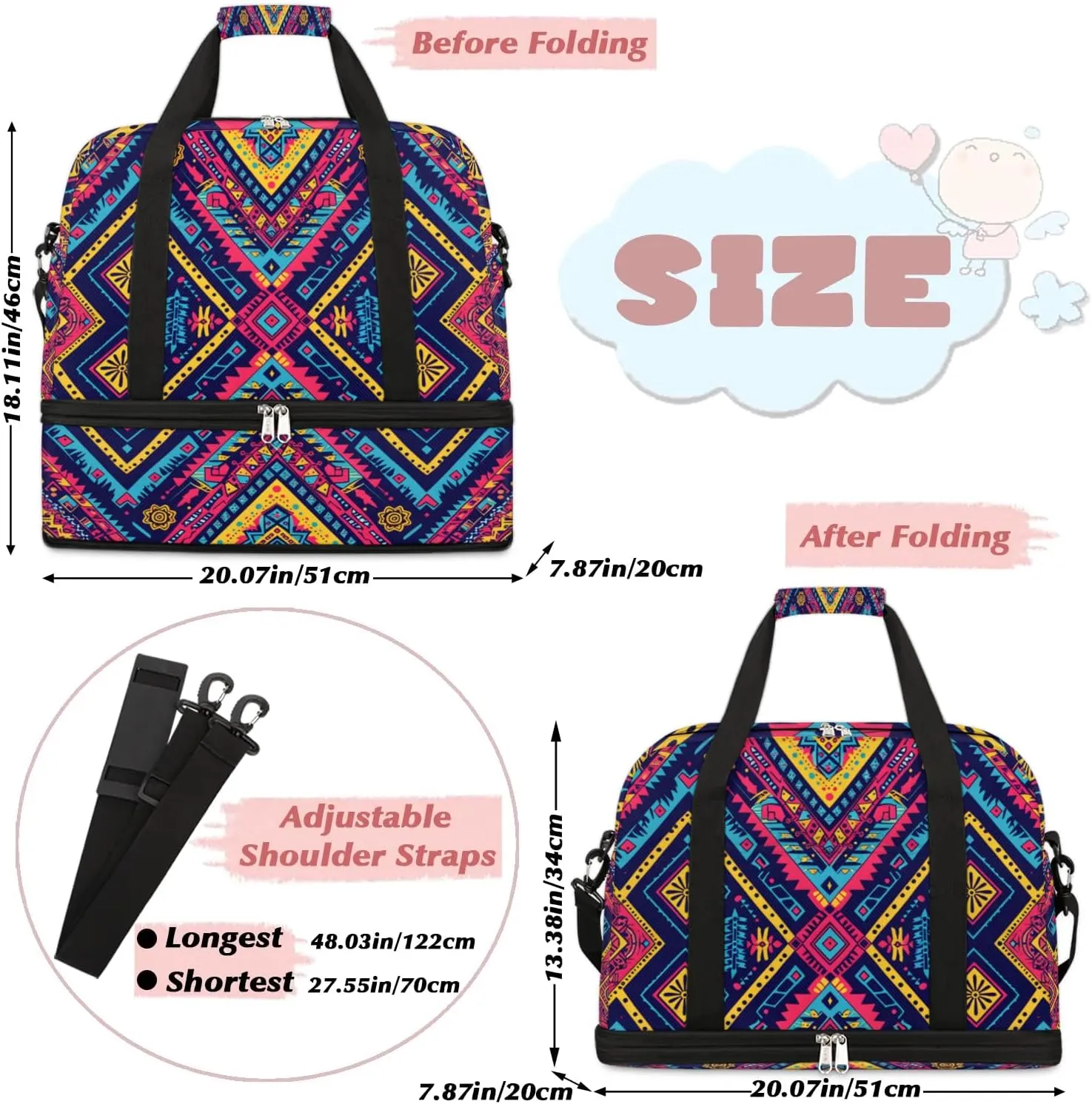 Boho Retro Floral Print Travel Duffle Bag, Collapsible Travel Bag Sports Gym Bag With Shoes Compartment Weekender Bag Overnight Bag For Women Men