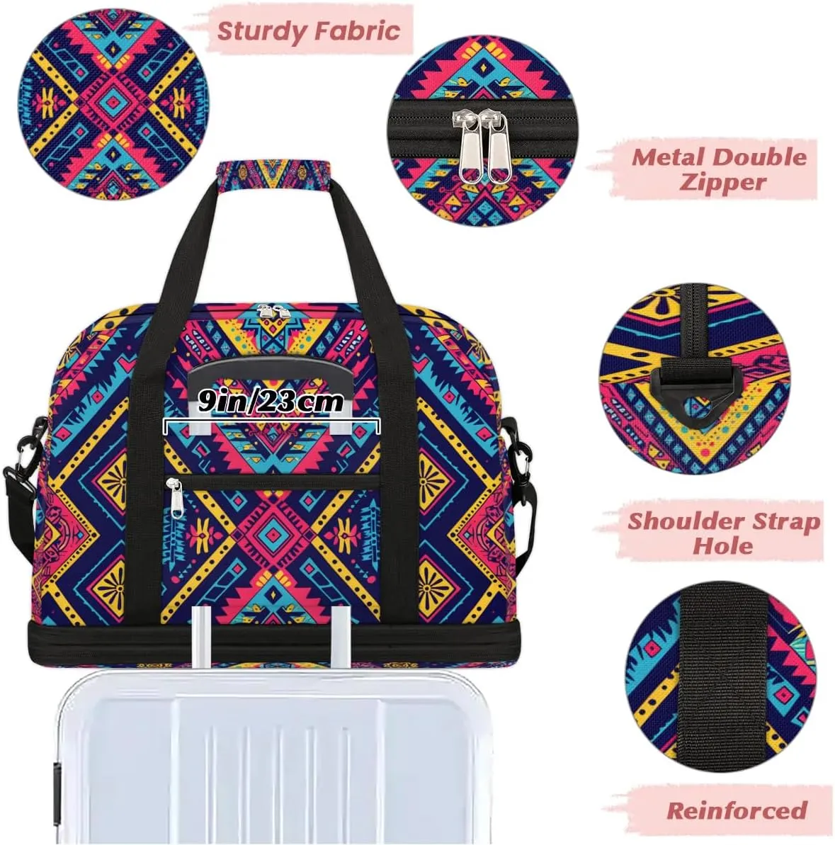 Boho Retro Floral Print Travel Duffle Bag, Collapsible Travel Bag Sports Gym Bag With Shoes Compartment Weekender Bag Overnight Bag For Women Men