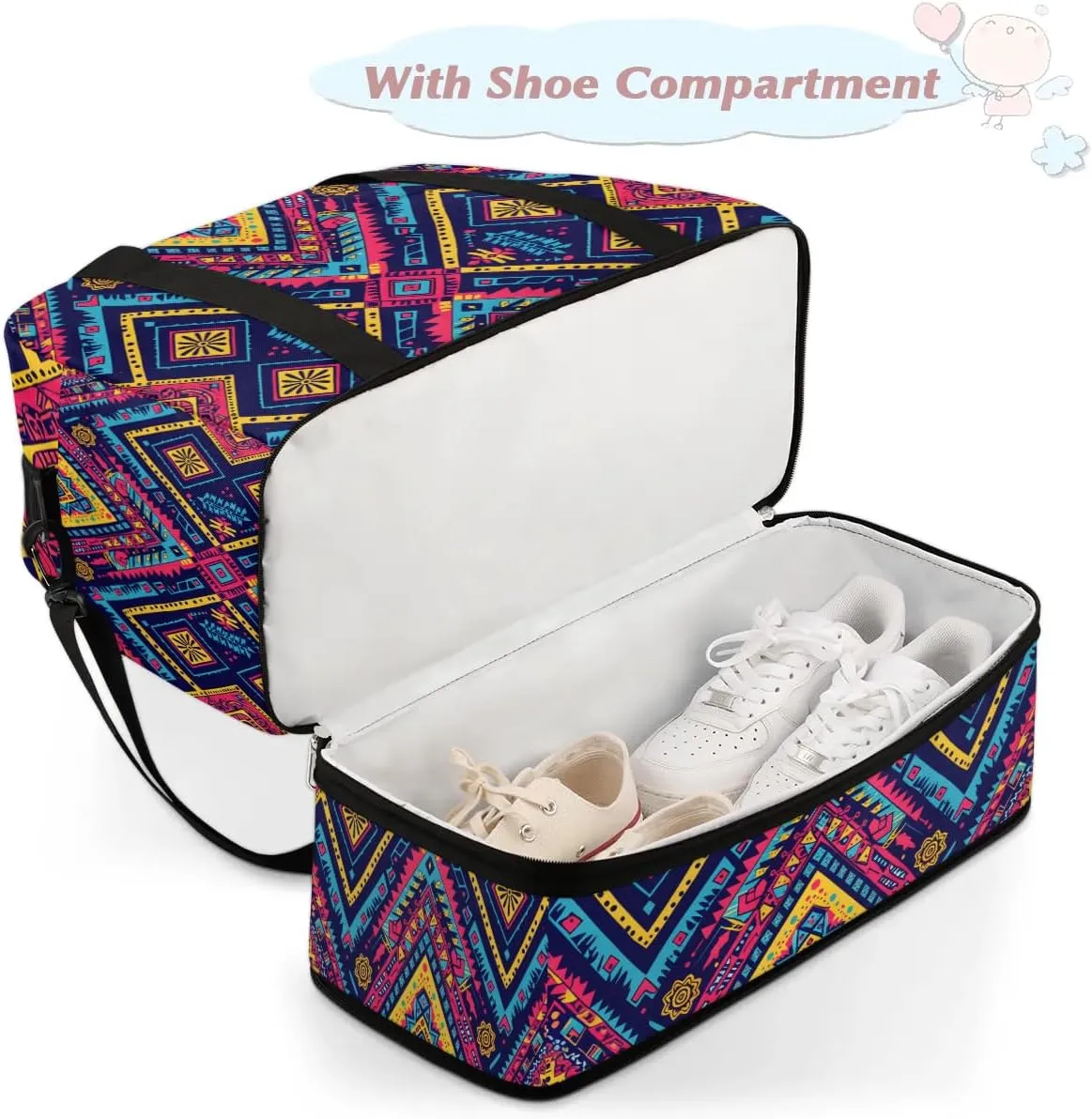 Boho Retro Floral Print Travel Duffle Bag, Collapsible Travel Bag Sports Gym Bag With Shoes Compartment Weekender Bag Overnight Bag For Women Men
