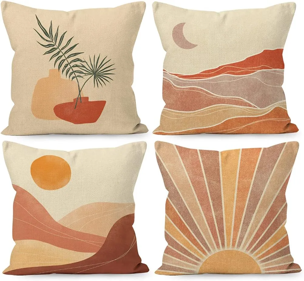 Boho Throw Pillow Covers, Desert Landscape Linen Pillows 18 x 18 Inch Set Of 4, For Bed & Home Decor