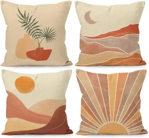 Boho Throw Pillow Covers, Desert Landscape Linen Pillows 18 x 18 Inch Set Of 4, For Bed & Home Decor