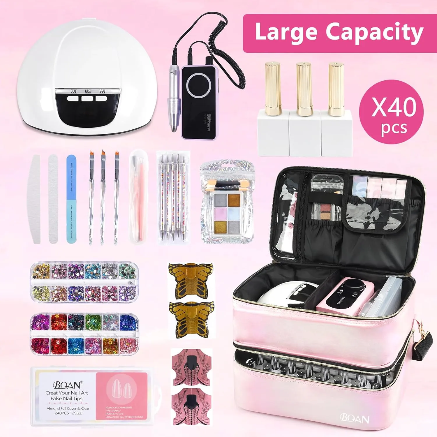 BQAN Nail Polish Organizer Case, Holds 40 Bottles (15ml/0.5 fl.oz) & Nail Lamp, Double Storage Bags, with Adjustable Dividers for Nail Supplies, (Pink-1)