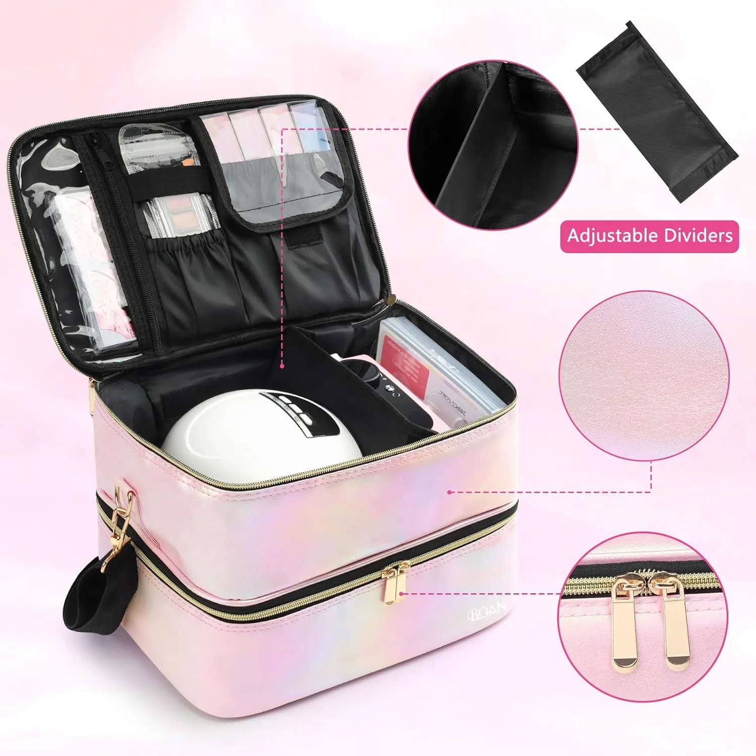 BQAN Nail Polish Organizer Case, Holds 40 Bottles (15ml/0.5 fl.oz) & Nail Lamp, Double Storage Bags, with Adjustable Dividers for Nail Supplies, (Pink-1)