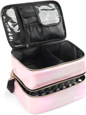 BQAN Nail Polish Organizer Case, Holds 40 Bottles (15ml/0.5 fl.oz) & Nail Lamp, Double Storage Bags, with Adjustable Dividers for Nail Supplies, (Pink-1)