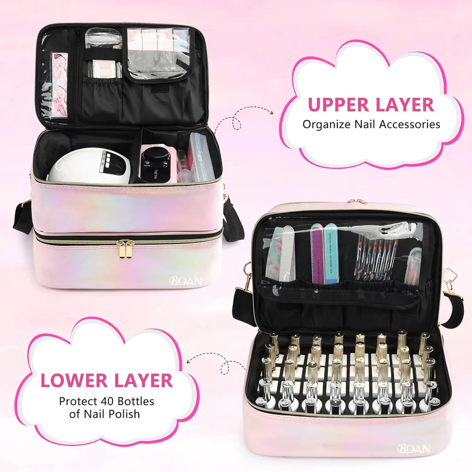 BQAN Nail Polish Organizer Case, Holds 40 Bottles (15ml/0.5 fl.oz) & Nail Lamp, Double Storage Bags, with Adjustable Dividers for Nail Supplies, (Pink-1)