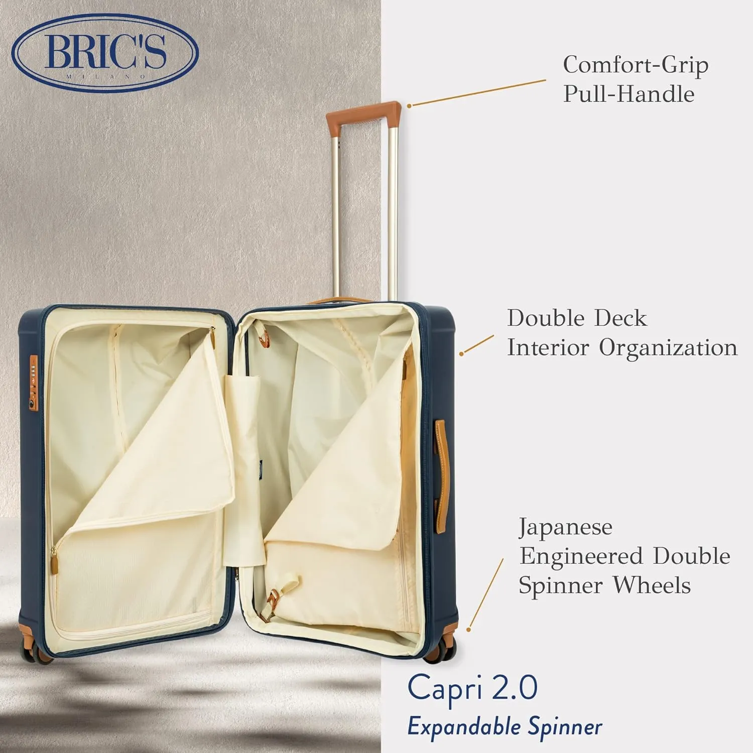 Bric's Capri 2.0 27"-Inch Spinner - Expandable Luxury Carry On Luggage With Spinner Wheels - Lightweight Carry On Suitcases with Wheels Made From Durable Polycarbonate - Matte Blue