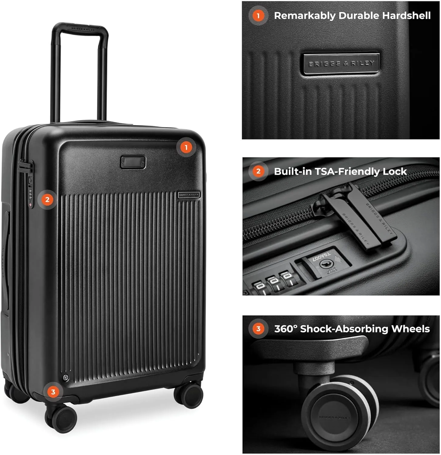 Briggs & Riley 27" Medium Expandable Spinner - Checked Luggage for Travel, Suitcases with Wheels, Hardside Rolling Bag for Men & Women, Self-Repairing Zipper - Sympatico Collection, Black
