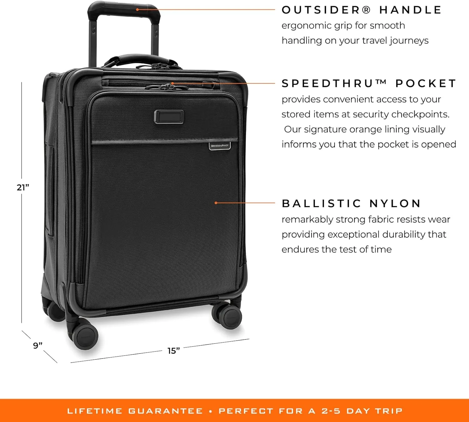Briggs & Riley Global 21" Carry On Expandable Spinner - Luggage for International Travel, Suitcases with Wheels, Softside Rolling Bag for Men & Women, Self-Repairing Zipper- Baseline Collection, Black