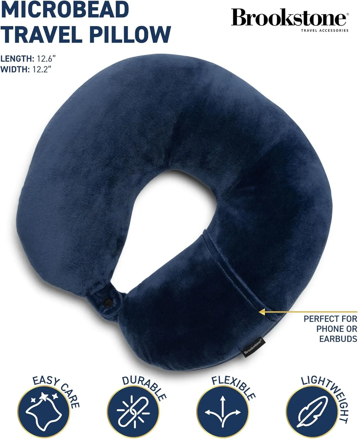 Brookstone Microbead Travel Head and Neck Pillow Lightweight and Plush with Phone or Headphone Pocket, Blue
