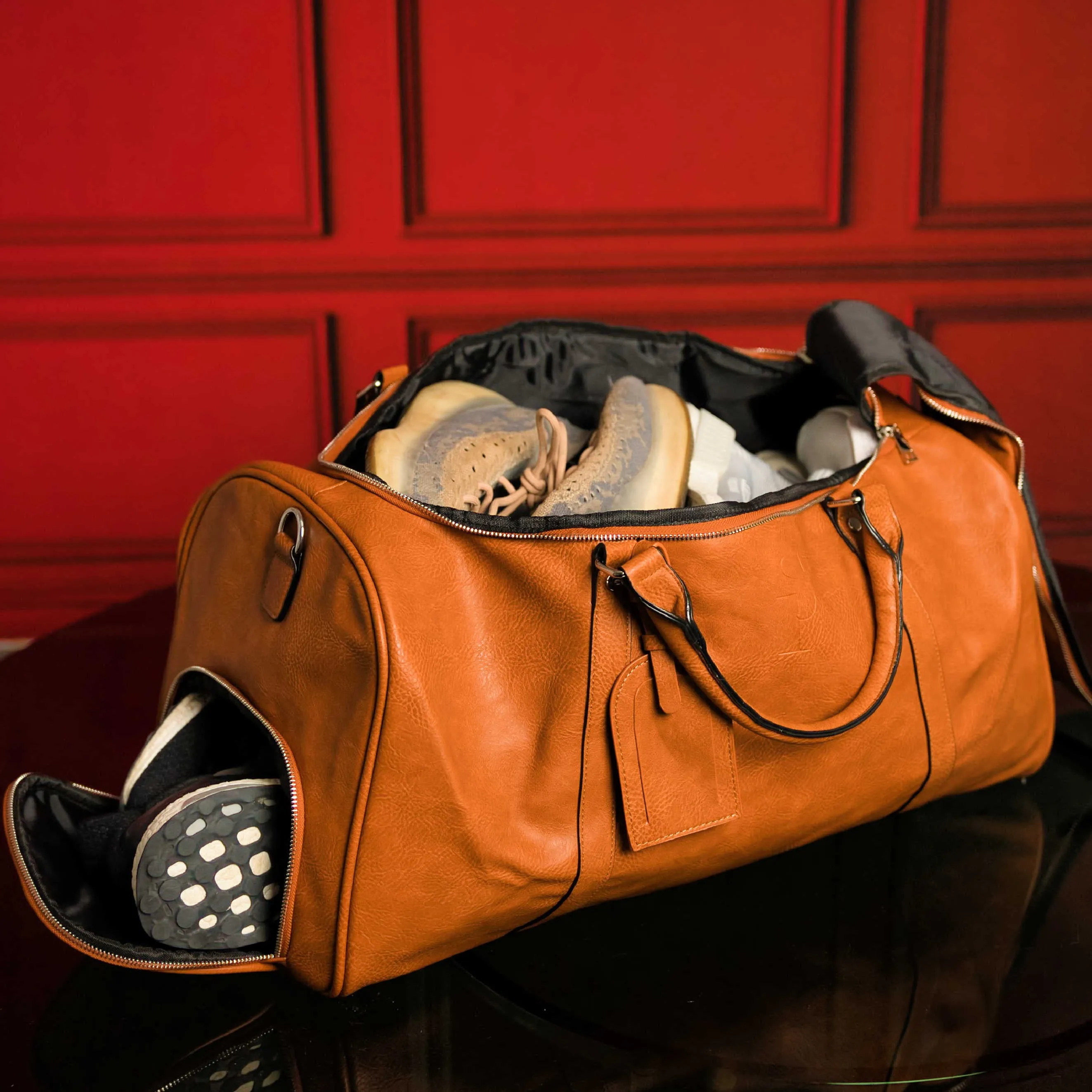 Brown Tumbled Leather 2 Bag Set (Commuter Backpack and Duffle Bag)