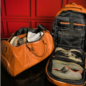 Brown Tumbled Leather 2 Bag Set (Commuter Backpack and Duffle Bag)