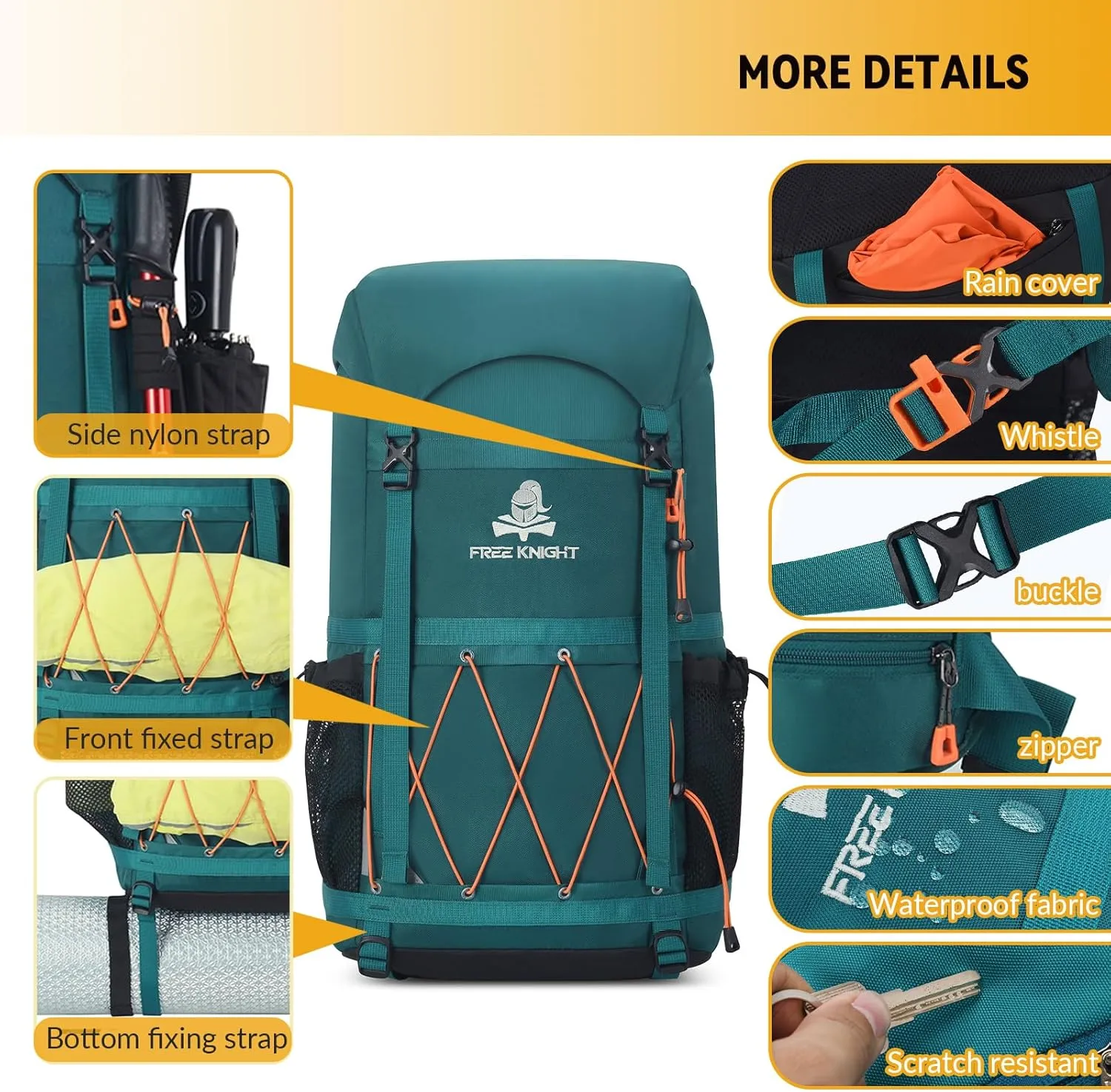 Bseash 40L Waterproof Hiking Backpack with Rain Cover, Outdoor Sport Travel Bag Daypack for Camping Climbing Skiing Cycling (Blue Green)