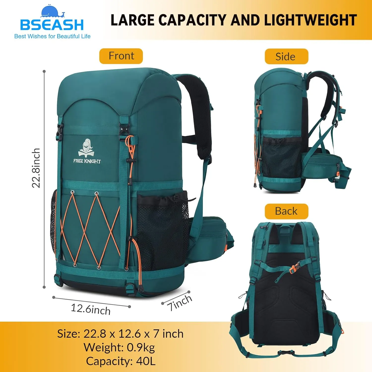 Bseash 40L Waterproof Hiking Backpack with Rain Cover, Outdoor Sport Travel Bag Daypack for Camping Climbing Skiing Cycling (Blue Green)