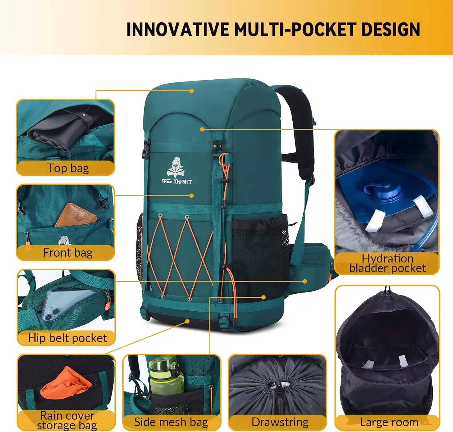 Bseash 40L Waterproof Hiking Backpack with Rain Cover, Outdoor Sport Travel Bag Daypack for Camping Climbing Skiing Cycling (Blue Green)