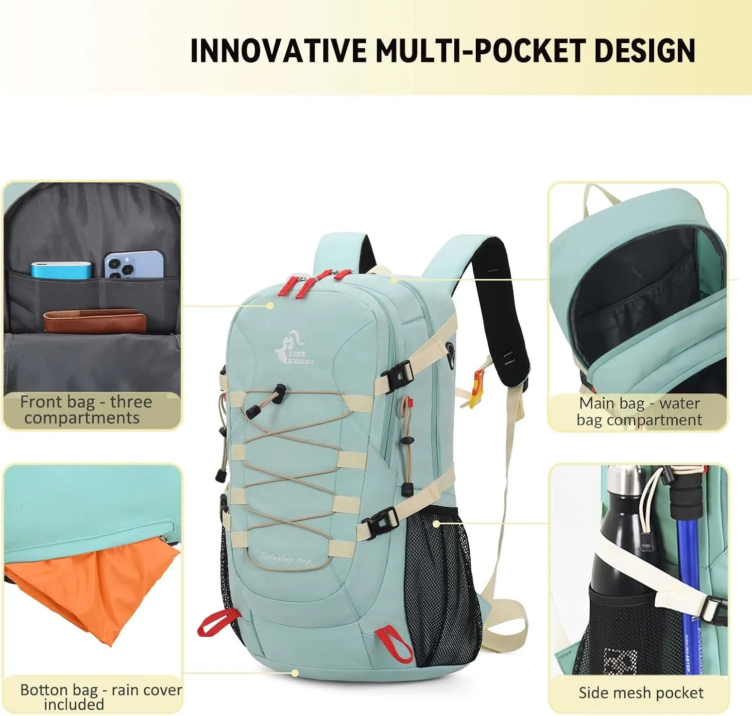 Bseash 40L Waterproof Hiking Backpack with Rain Cover, Outdoor Sport Travel Bag Daypack for Camping Climbing Skiing Cycling (Greenish-blue)