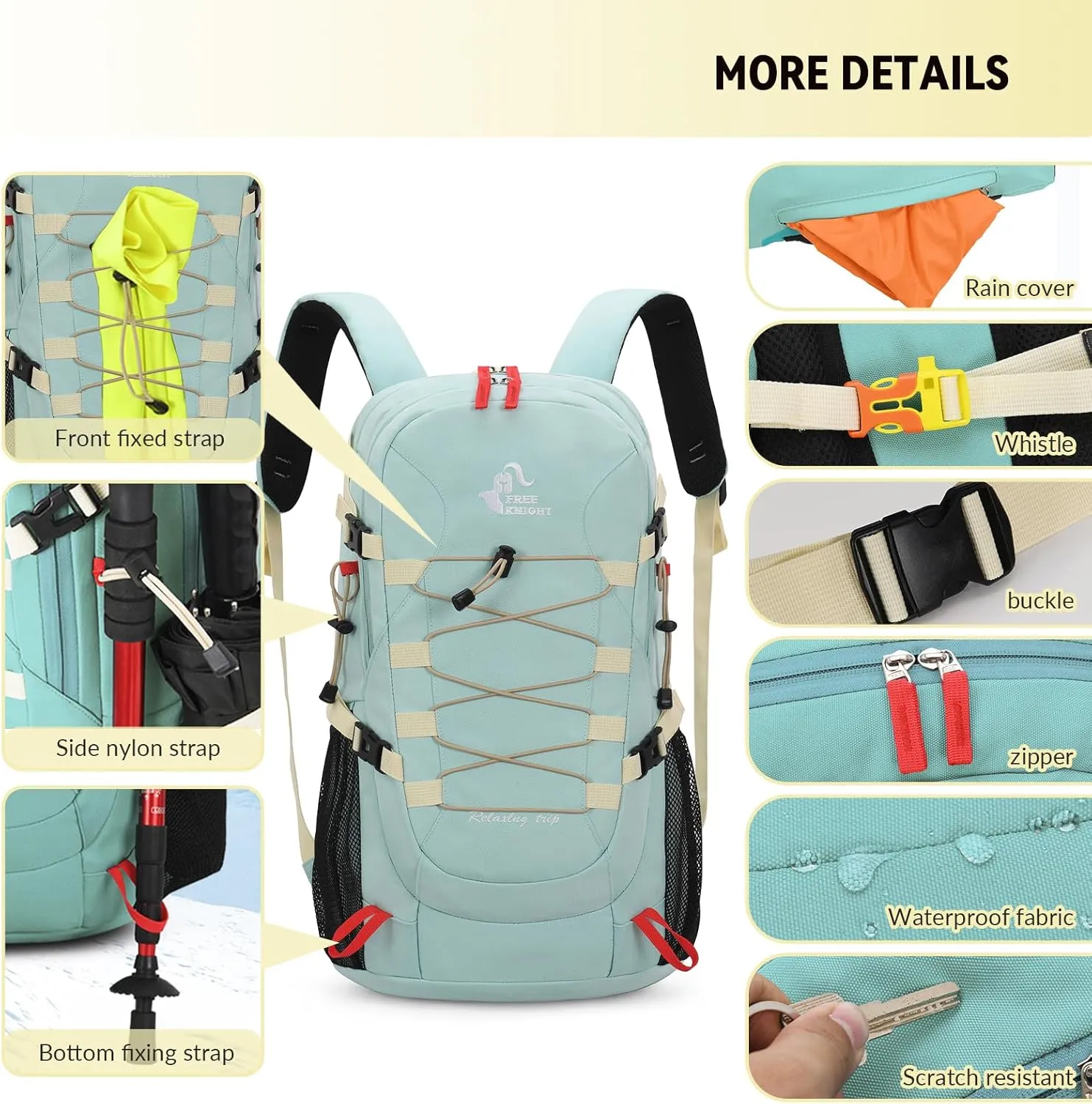 Bseash 40L Waterproof Hiking Backpack with Rain Cover, Outdoor Sport Travel Bag Daypack for Camping Climbing Skiing Cycling (Greenish-blue)