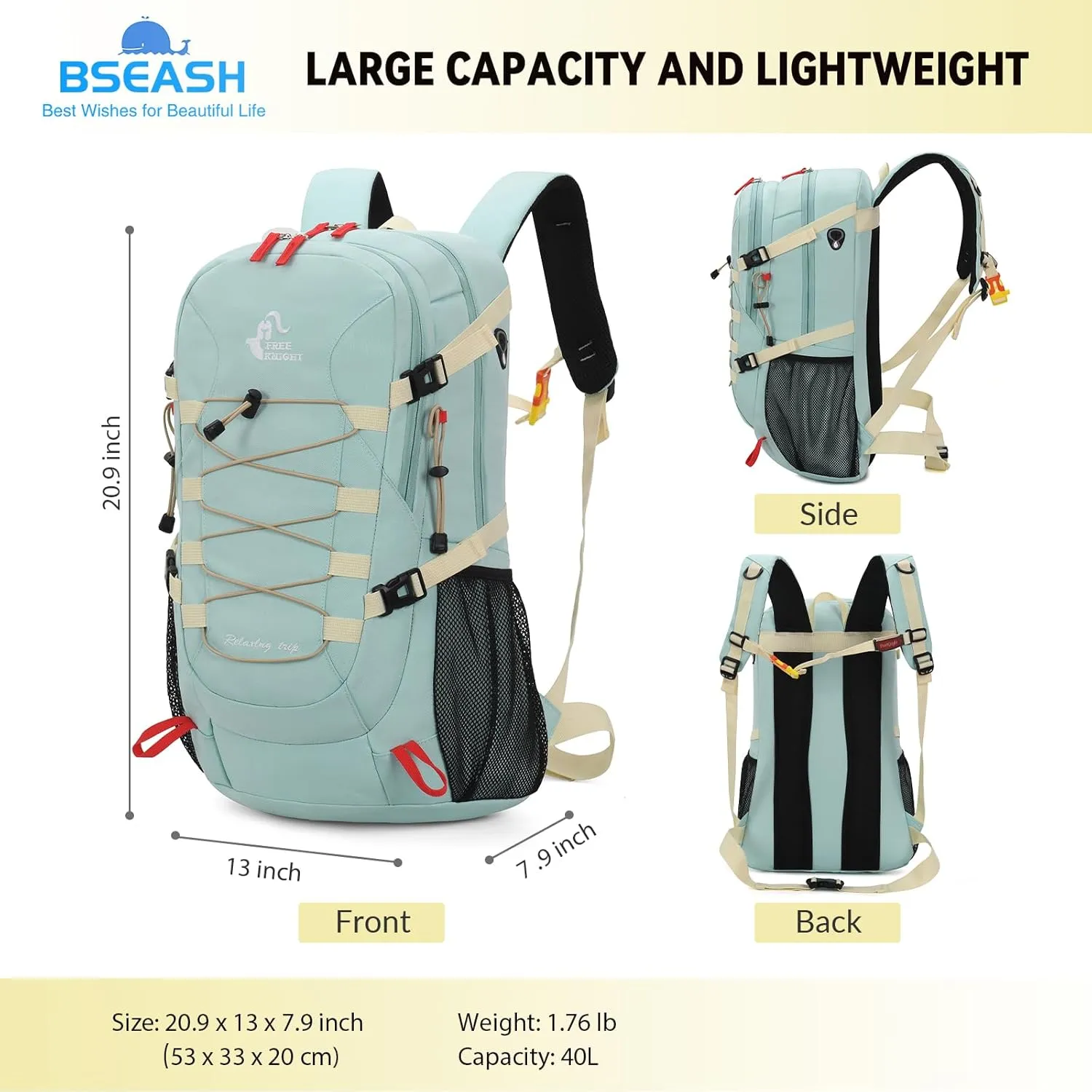 Bseash 40L Waterproof Hiking Backpack with Rain Cover, Outdoor Sport Travel Bag Daypack for Camping Climbing Skiing Cycling (Greenish-blue)