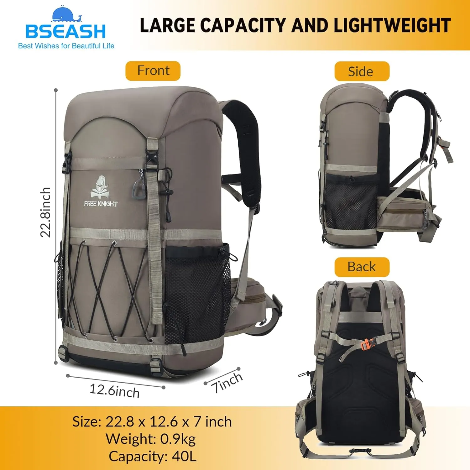 Bseash 40L Waterproof Hiking Backpack with Rain Cover, Outdoor Sport Travel Bag Daypack for Camping Climbing Skiing Cycling (Khaki)