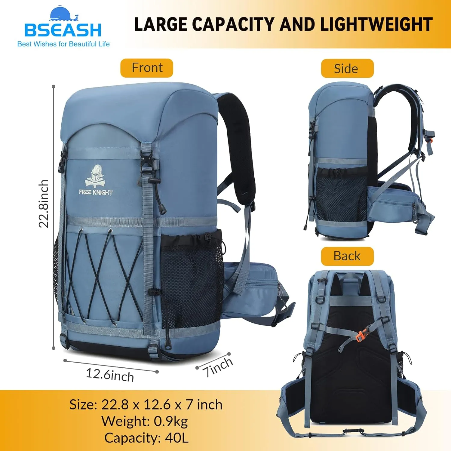 Bseash 40L Waterproof Hiking Backpack with Rain Cover, Outdoor Sport Travel Bag Daypack for Camping Climbing Skiing Cycling (Light Blue)