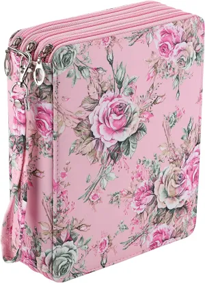 BTSKY Colored Pencil Case- 120 Slots Pencil Holder Pen Bag Large Capacity Pencil Organizer with Handle Strap Handy Colored Pencil Box with Printing Pattern (Pink Rose)