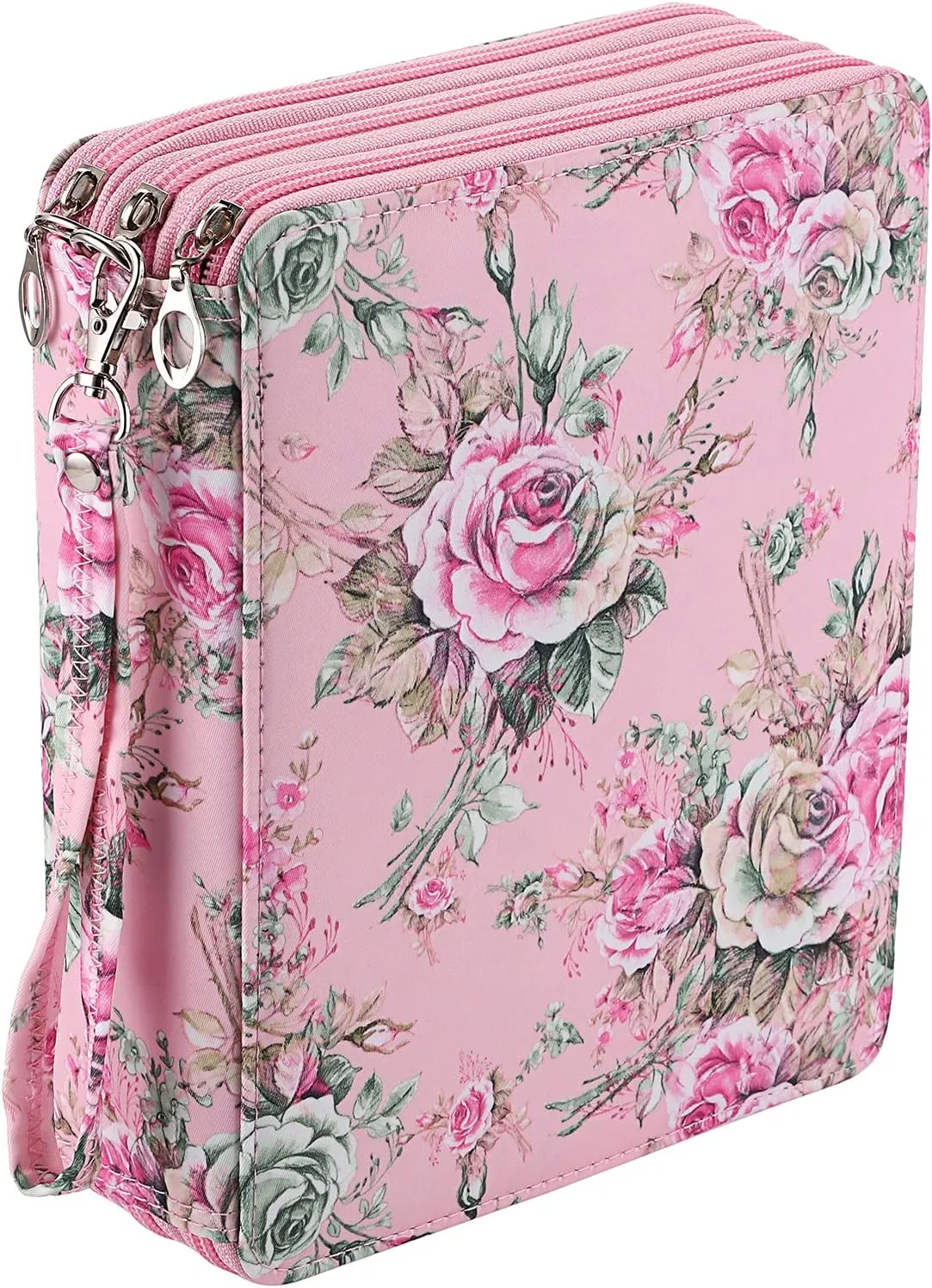 BTSKY Colored Pencil Case- 120 Slots Pencil Holder Pen Bag Large Capacity Pencil Organizer with Handle Strap Handy Colored Pencil Box with Printing Pattern (Pink Rose)