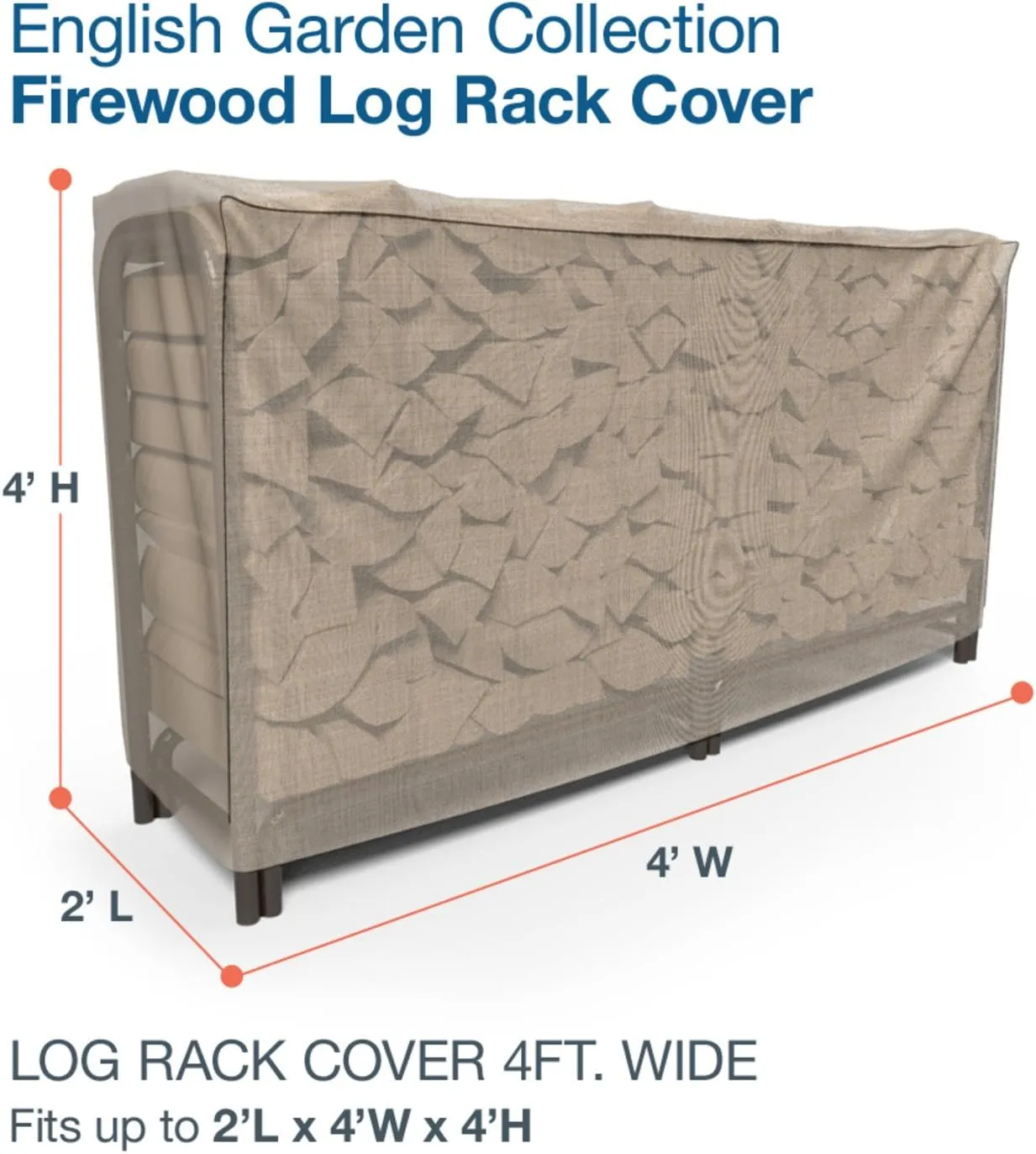 Budge P9A11PM1 English Garden Log Rack Cover Heavy Duty and Waterproof, 2' L x 4' W x 4' H, Tan Tweed