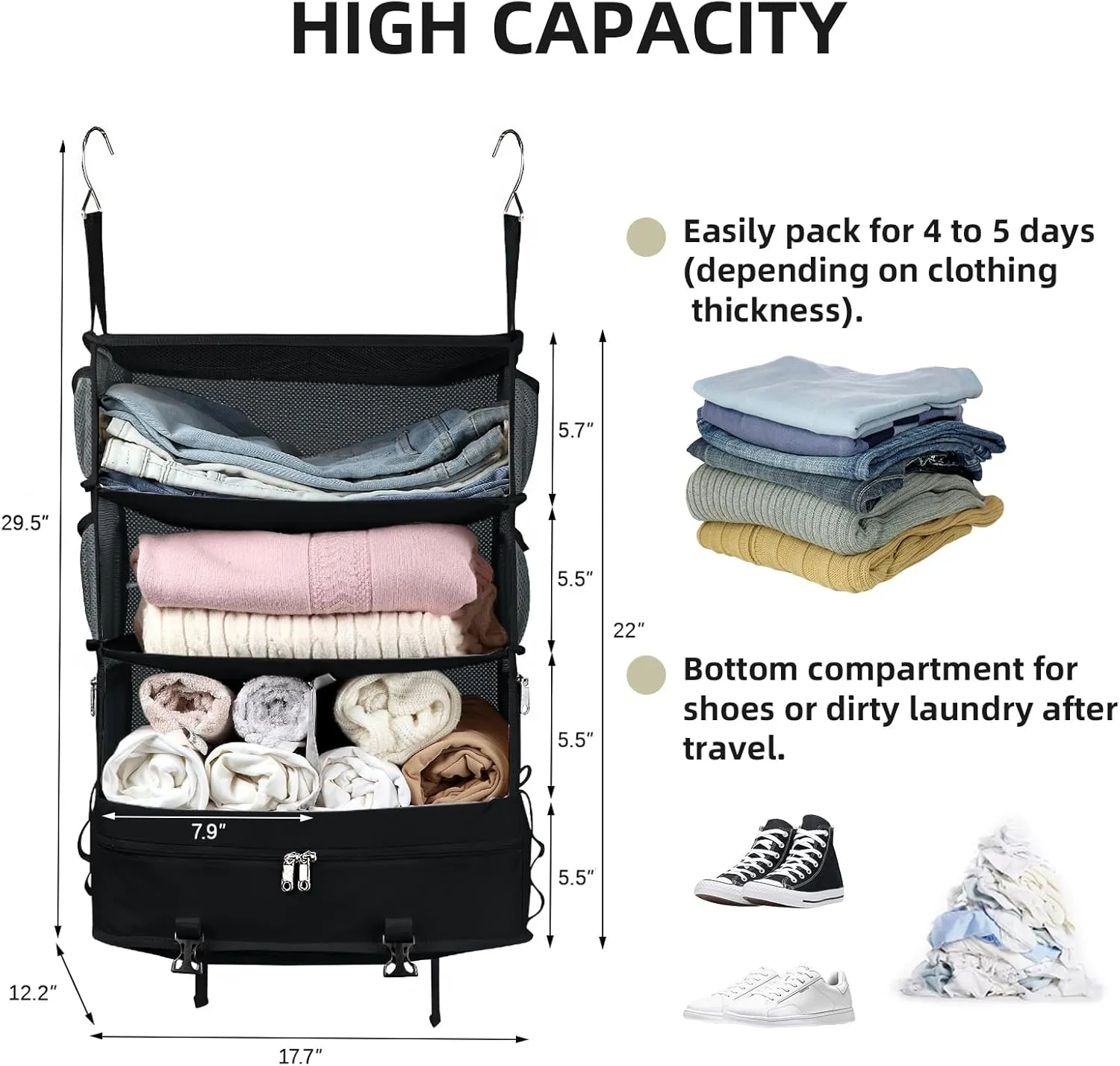 Bukere Hanging Travel Packing Shelves for Luggage Suitcase, Portable Cube Bag Organizer, Travel Essentials, Compression Closet Storage Organizer, X-Large Capacity