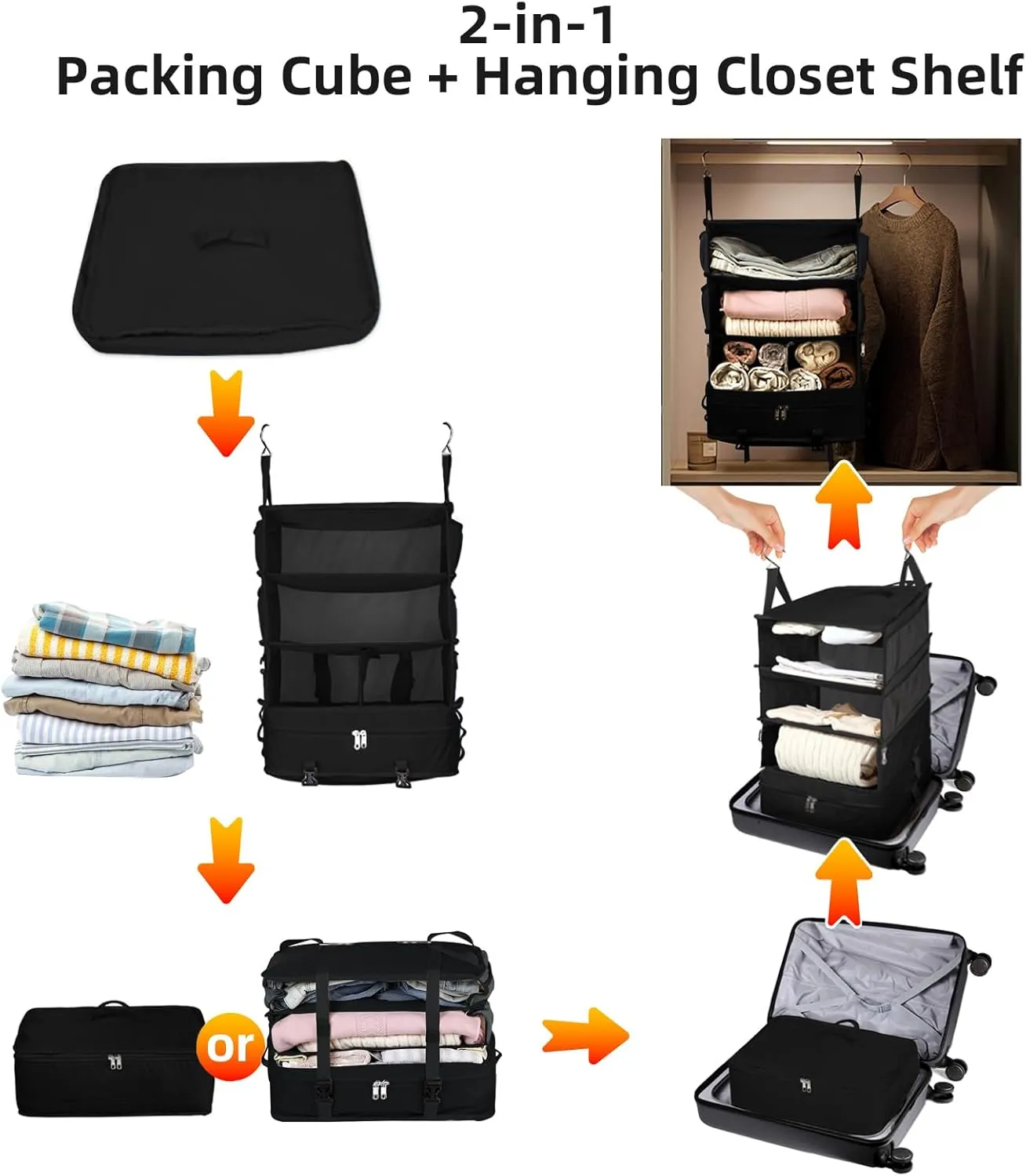 Bukere Hanging Travel Packing Shelves for Luggage Suitcase, Portable Cube Bag Organizer, Travel Essentials, Compression Closet Storage Organizer, X-Large Capacity
