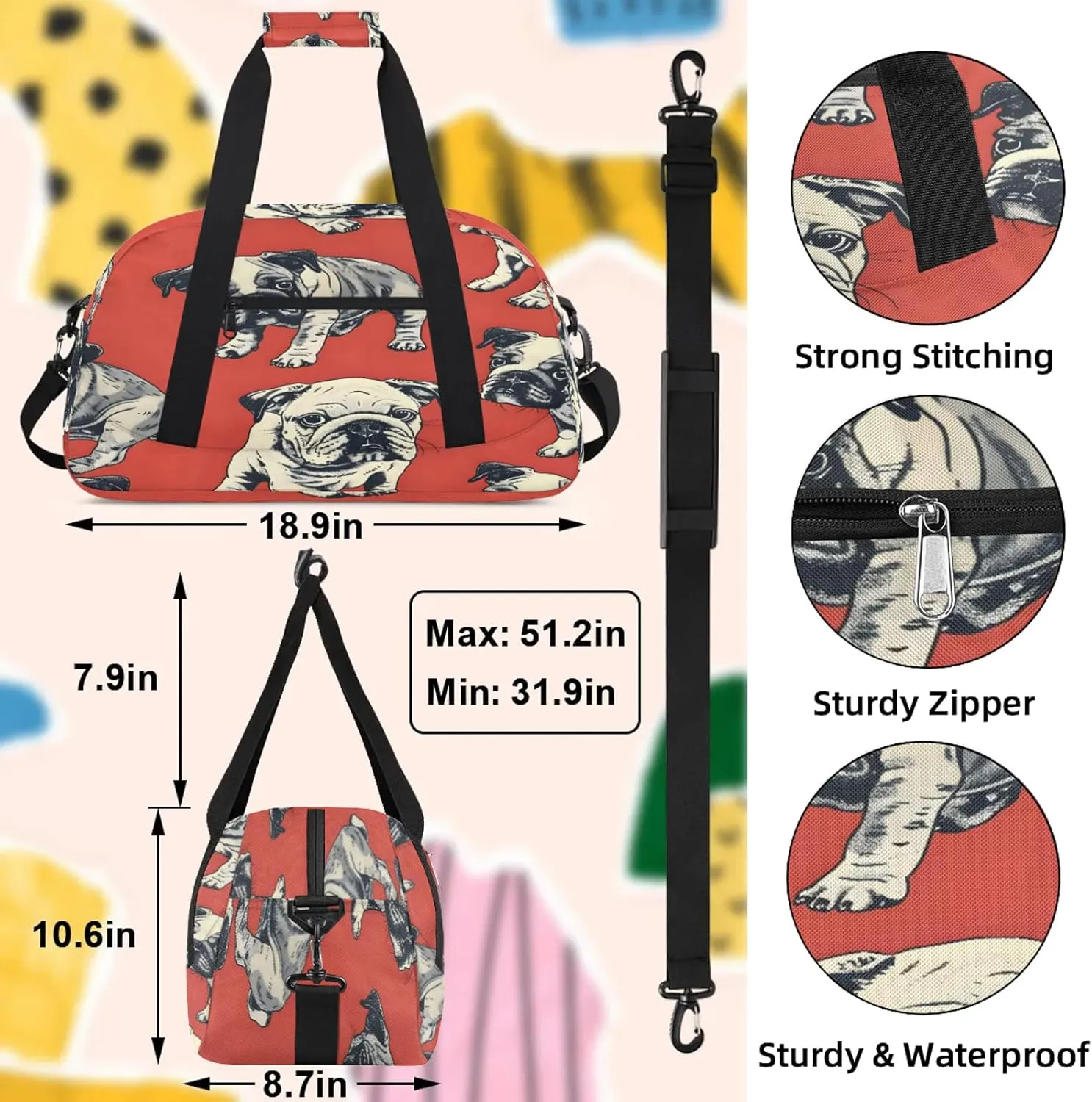 Bulldog Dogs Small Gym Bag 18 inch Carry On Duffel Bag for Weekender Travel Sports Workout Yoga Gymnastics Dance Ballet