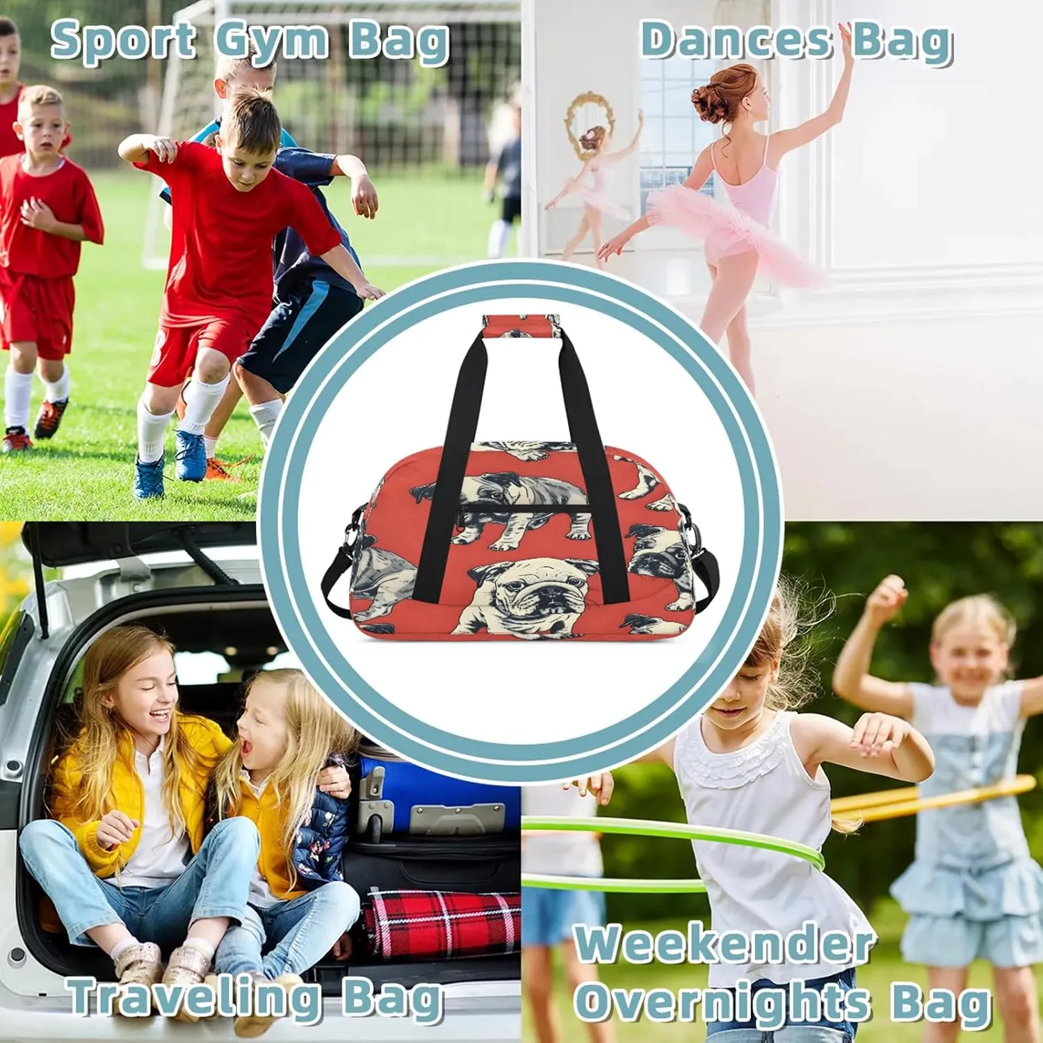 Bulldog Dogs Small Gym Bag 18 inch Carry On Duffel Bag for Weekender Travel Sports Workout Yoga Gymnastics Dance Ballet