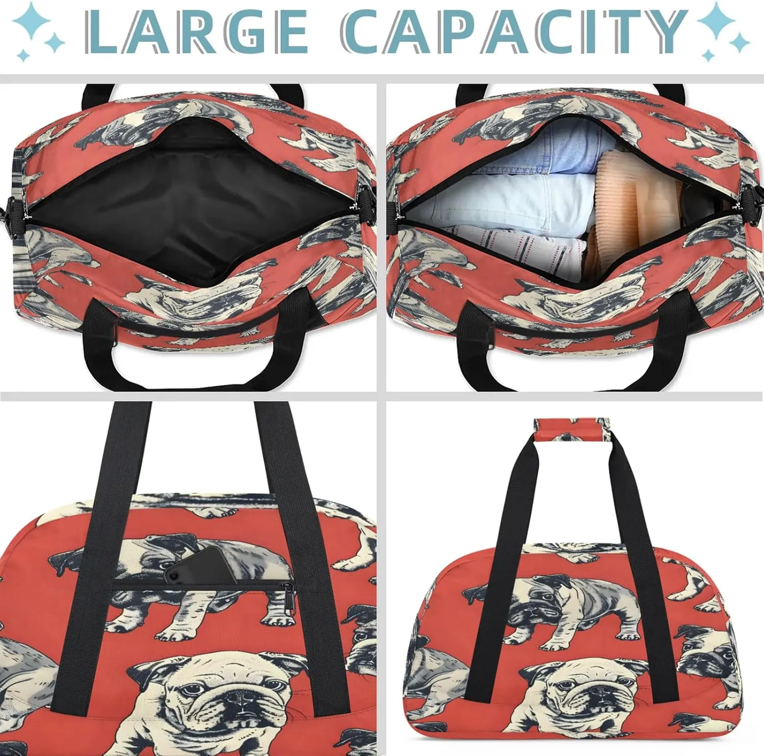 Bulldog Dogs Small Gym Bag 18 inch Carry On Duffel Bag for Weekender Travel Sports Workout Yoga Gymnastics Dance Ballet