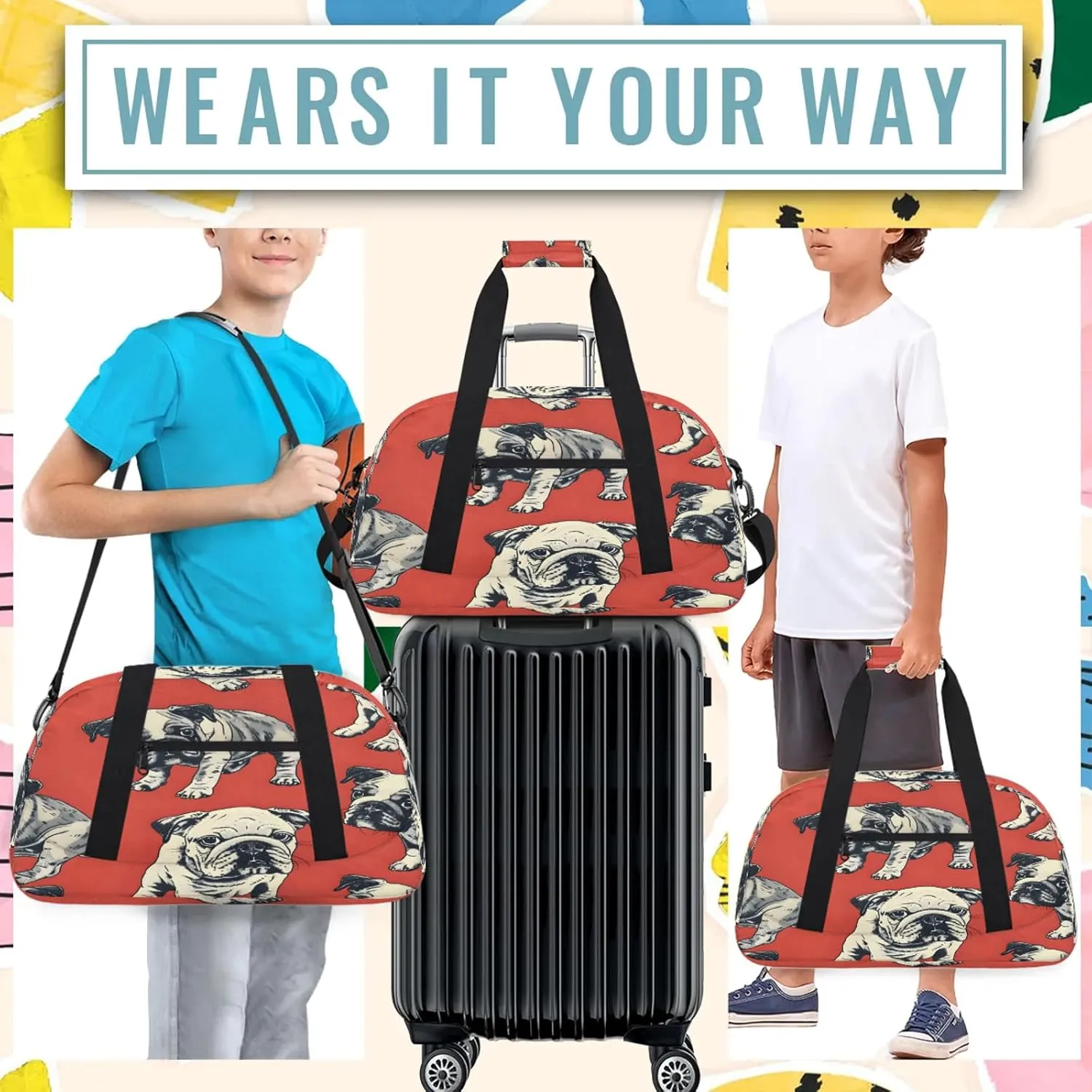 Bulldog Dogs Small Gym Bag 18 inch Carry On Duffel Bag for Weekender Travel Sports Workout Yoga Gymnastics Dance Ballet