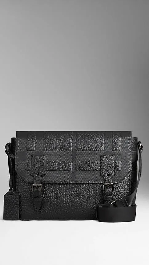 Burberry  - Embossed Check Detail Leather Messenger Bag