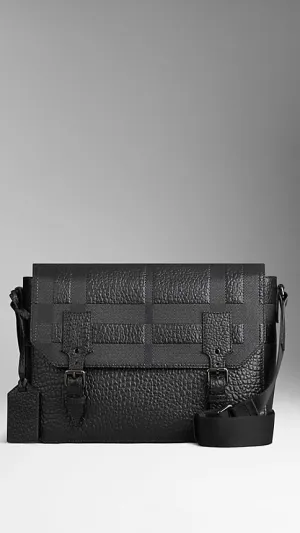 Burberry  - Embossed Check Detail Leather Messenger Bag